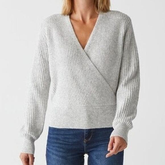 Michael Stars NWT Heather Grey Laurel Surplice Mini Sequin Faux Wrap Sweater - Picture 2 of 10